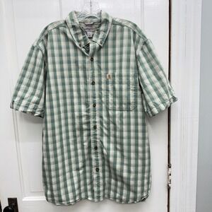 Carhartt Relaxed Fit Button Down Short Sleeve Green Plaid Shirt Men's Large